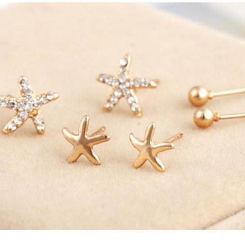 Bộ 3 đôi bông tai đính đá nhỏ gọn hình sao biển xinh xắn cho nữ
