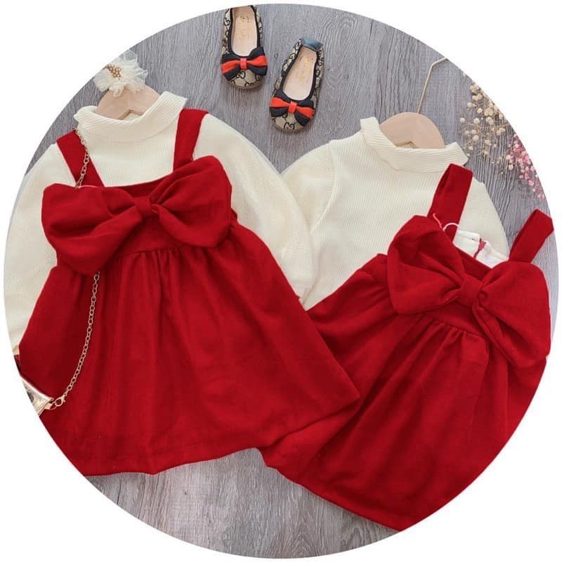 Set váy nhung nơ đỏ kèm áo len cực xinh cho bé đón mùa lễ hội , Váy Công Chúa Bé Gái , Váy lót bông bé gái cực ấm Chưa C