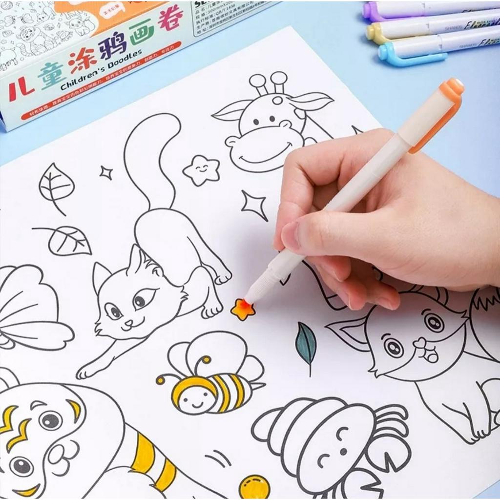 (LOẠI 3M) Tranh cuộn tô màu dán tường cho bé, Cuộn tranh tô màu cắt dán 3m có keo chuyên dụng dán tường không bong tróc