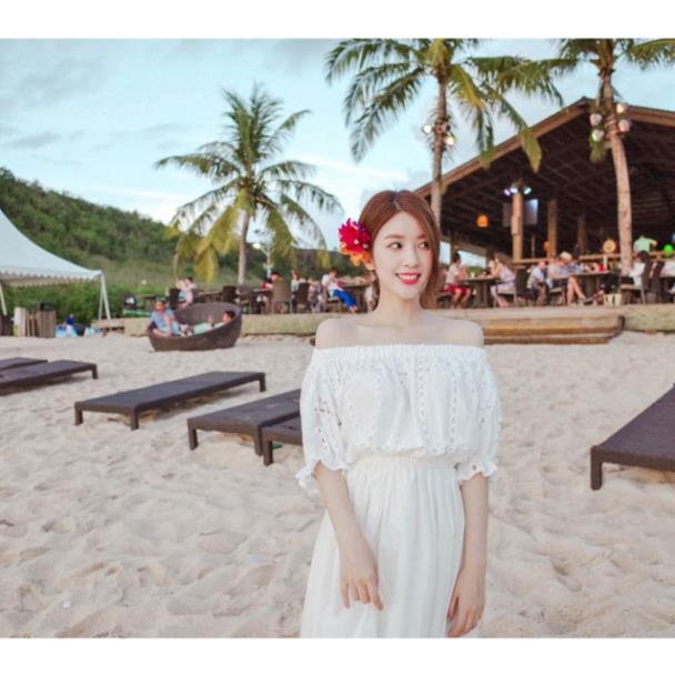 Váy maxi thô màu trắng đục lỗ trễ vai eo chun - MS234 (Có ảnh thật) VIP
