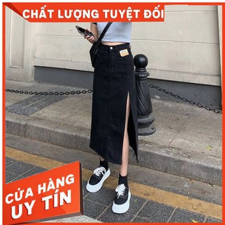 Chân váy jean dài chất denim xẻ tà lưng cao phong cách ulzzang màu đen và xanh hàng order