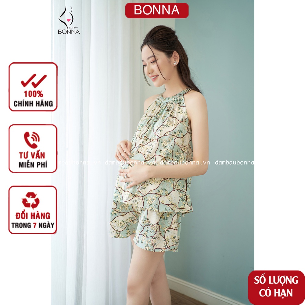 Bộ đồ bầu dáng ngắn BONNA chất lụa Hàn cao cấp, quần có chun cúc điều chỉnh, thiết kế cổ yếm có khuy cài dễ mặc B011