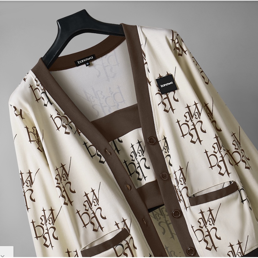 Áo khoác cardigan nam nữ unisex tay dài cổ V in logo thương hiệu - Signature Cardigan Version 1 - Kem