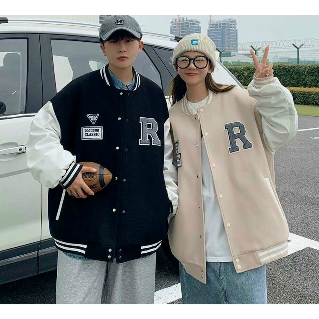 (Chất da lộn cao cấp) Áo khoác bomber thời trang đôi Các cặp đôi phong cách Hàn Quốc thêu chữ R
