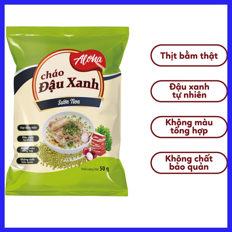 (Combo 5 gói) - Cháo Đậu Xanh Sườn non Aloha- Ăn liền - Gói 50gr