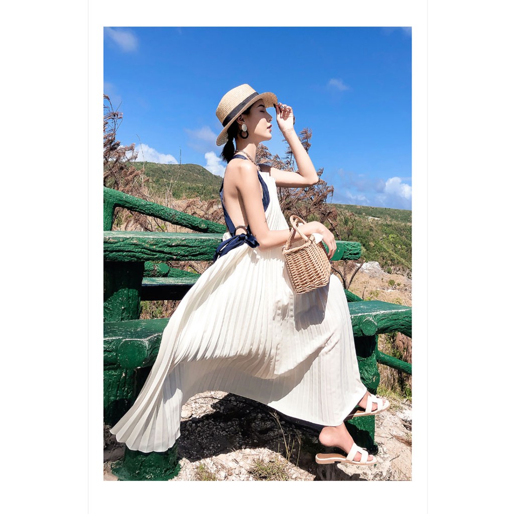 ( Hàng có sẵn ) Đầm maxi cổ yếm xếp li hở lưng siêu đẹp | BigBuy360 - bigbuy360.vn