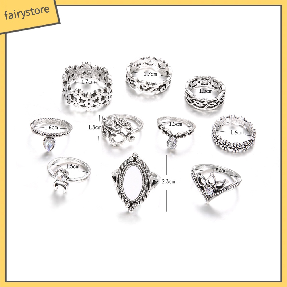 Set 10 nhẫn đeo đốt ngón tay đính đá opal nhân tạo phong cách retro