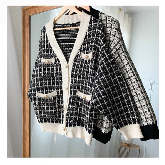 A856 Áo Khoác Cardigan Kẻ Karo Chạy Viền Trơn , Áo Len Thụng Phối Cúc Đồng