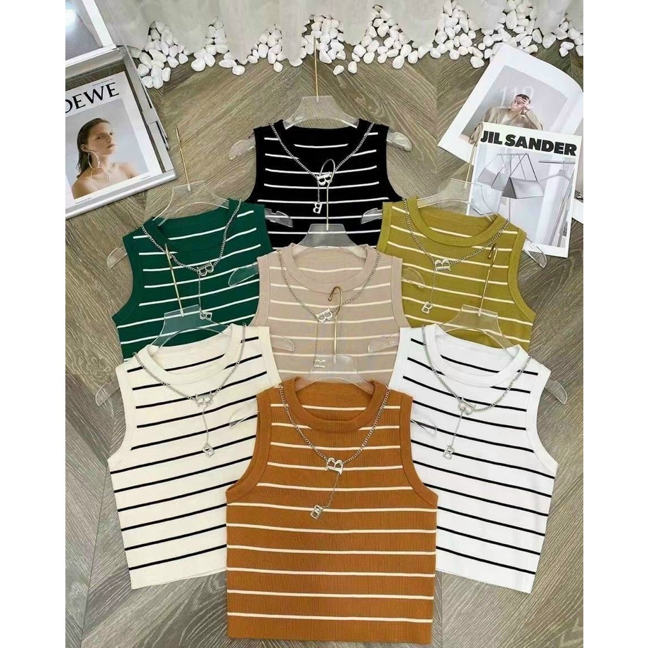 [L2M] Áo len dệt kim Montoghi Quảng Châu ba lỗ KẺ SỌC dáng vừa TẶNG KÈM VÒNG CỔ CHỮ B cực chất