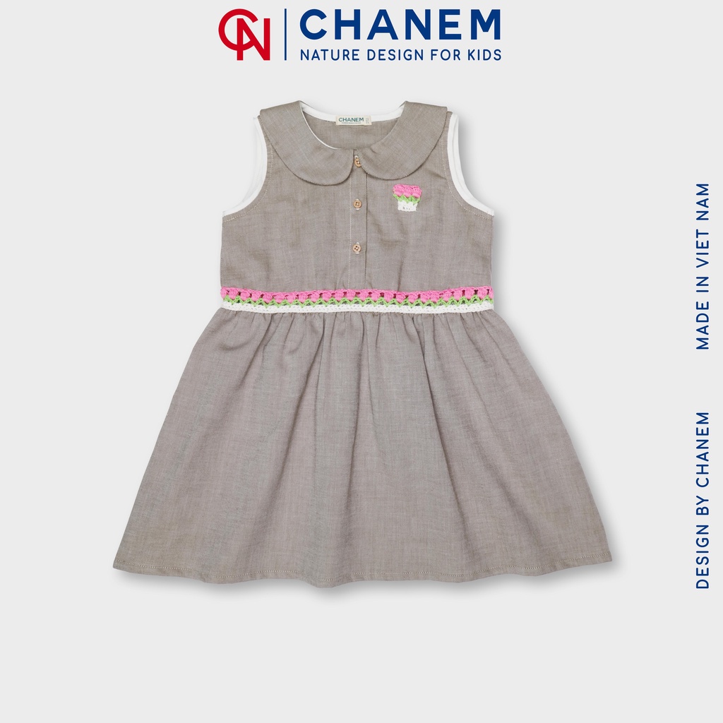 Váy bé gái cổ sen phối họa tiết móc thủ công bằng sợi cotton Việt Nam MITULIP CHANEM, váy chất liệu cotton thoáng mát