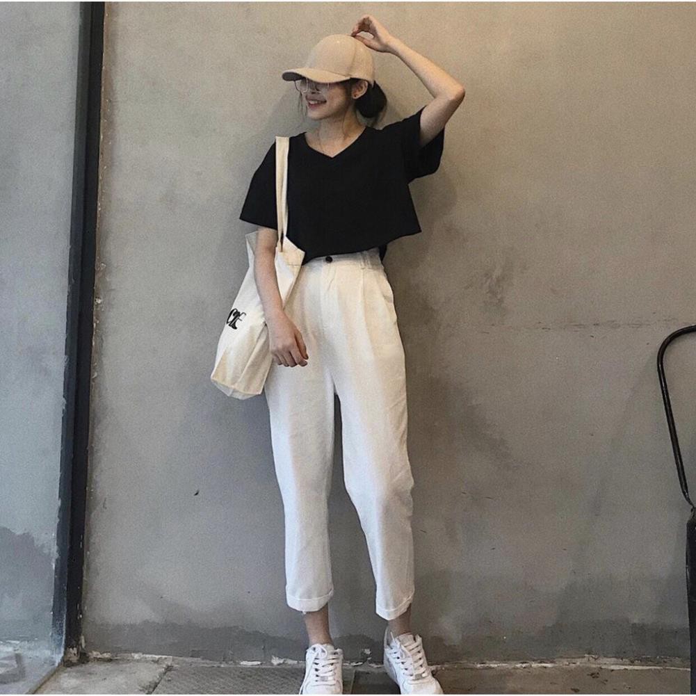 Áo croptop nữ tay ngắn cổ tim form rộng,  Croptop cổ chữ V dáng buông phong cách Hàn Quốc | BigBuy360 - bigbuy360.vn