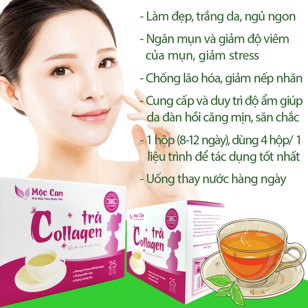 Trà Collagen trắng da chống oxy hóa, chậm lão hóa giảm mụn, nếp nhăn, giảm stress Mộc Can Hộp 25 Túi Lọc