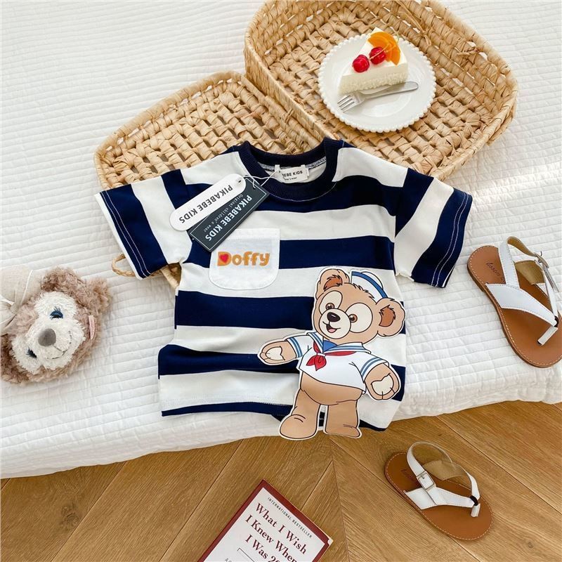 Áo Thun Tay Ngắn Kẻ Sọc Vải Cotton In Hoạt Hình Kiểu Hàn Quốc Thời Trang Mùa Hè 2022 Cho Bé