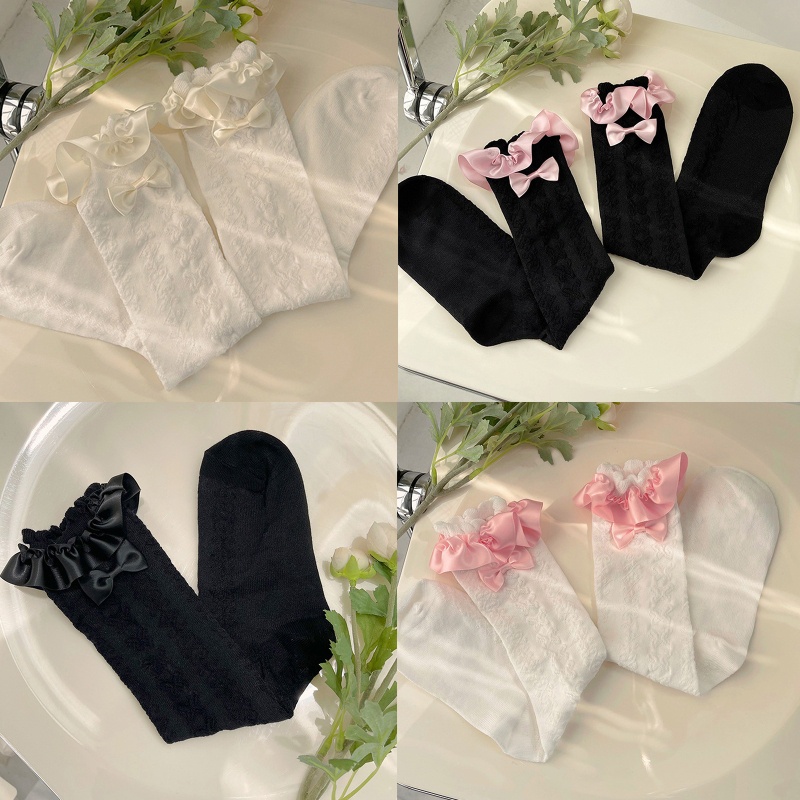 Xiangbao Vớ Cotton Dài Qua Gối Phối Bèo Và Nơ Ngọt Ngào Phù Hợp Với Tiệc Tùng