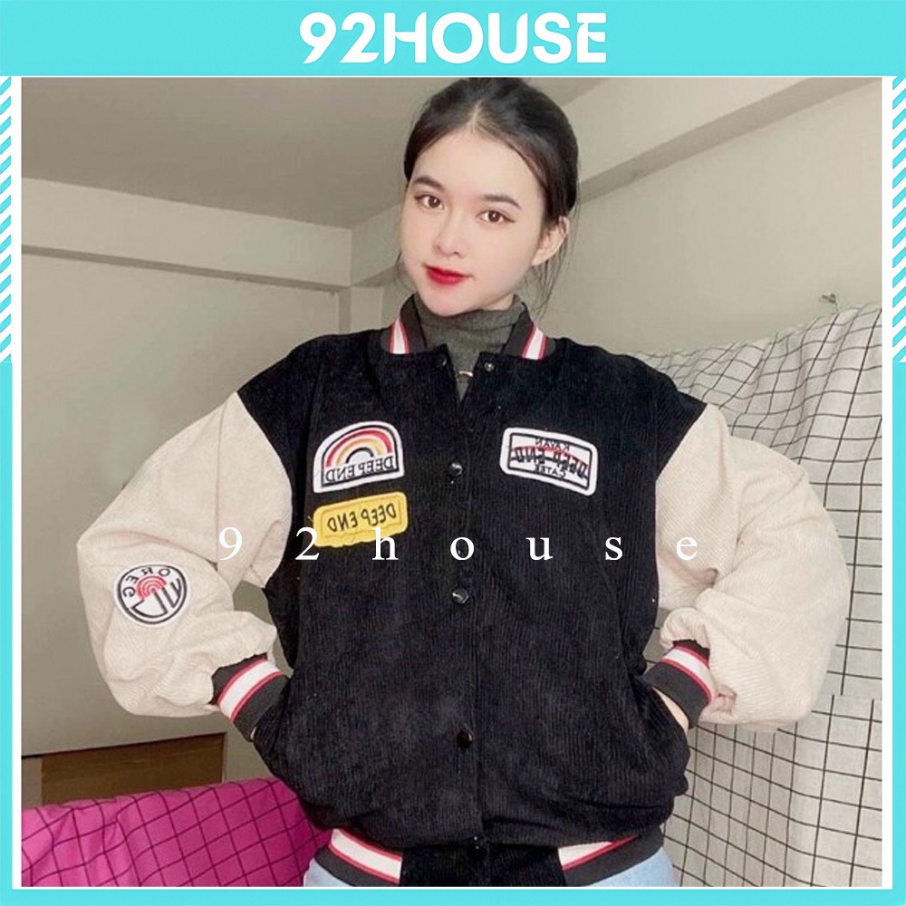 Áo khoác bomber unisex thêu chữ DEEP END / Áo khoác nam nữ nhung tăm thêu cầu vồng cá tính