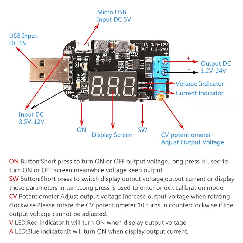 USB Điều chỉnh DC-DC Bước lên / xuống Mô-đun cấp nguồn Boost Buck Mô-đun chuyển đổi 5V sang 3.3V 9V 12V 18V 24V Bộ điều chỉnh điện áp DC-DC 3W Có thể điều chỉnh USB Step Up Down Mô-đun cấp nguồn Buck Boost Bộ chuyển đổi điện áp 5V sang 3.3V 9V Mô-đun điều