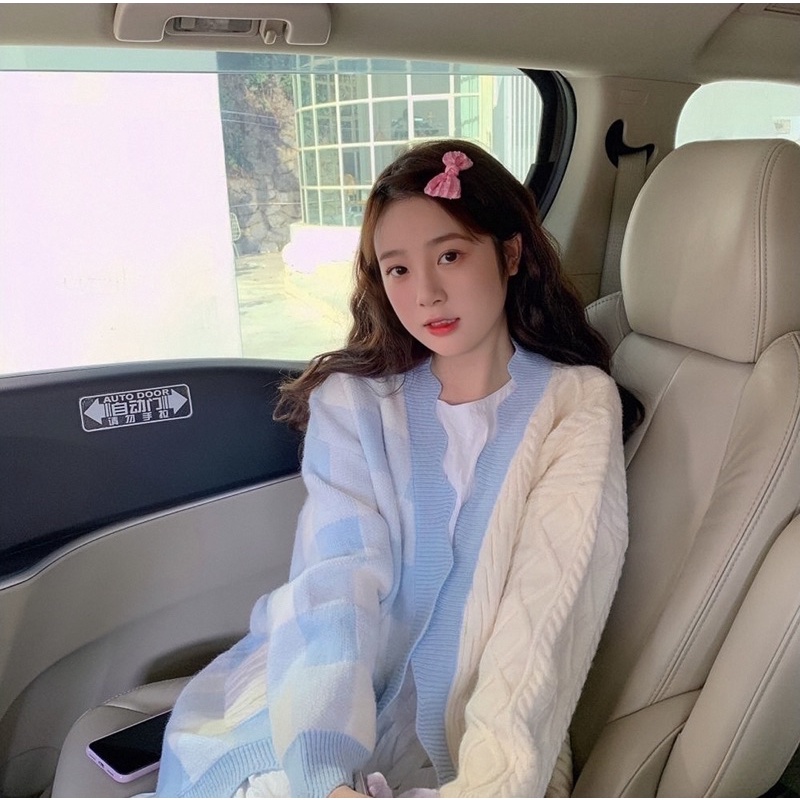 Áo khoác len cardigan xanh trắng pastel viền gợn sóng dễ thương ulzzang Hàn Quốc Yannie