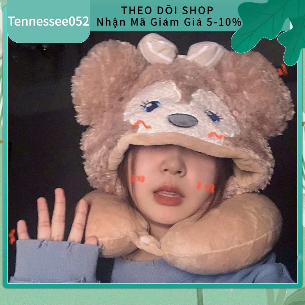 🌷Hàng HOT Gối cổ du lịch hình chữ U có mũ trùm đầu Bằng Cotton PP In Họa Tiết Hoạt Hình Dễ Thương【Tennessee052】