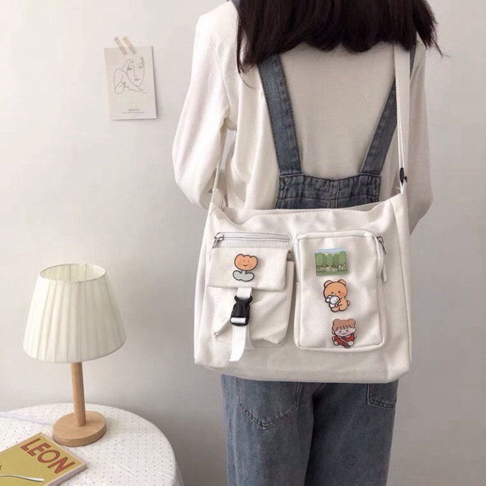 Túi đeo chéo nam nữ vải canvas đi học đi chơi cute