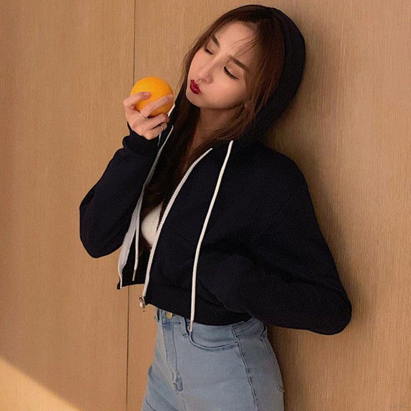 Áo khoác nữ có mũ màu trơn khóa kéo phong cách Hàn Quốc