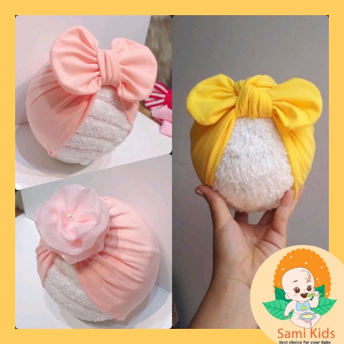 Mũ turban băng đô cotton cho bé gái sơ sinh, băng đô turban vải hình nơ, hoa cài tóc SAMI KIDS