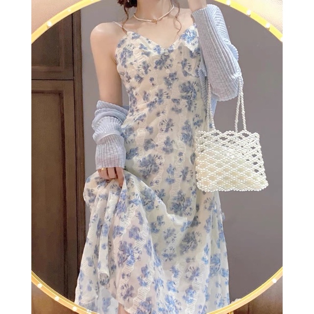 Set Đầm Hoa Xanh Ren 2 Dây Cúc Bọc + Áo Khoác Len Mỏng Xanh Nhạt Retro