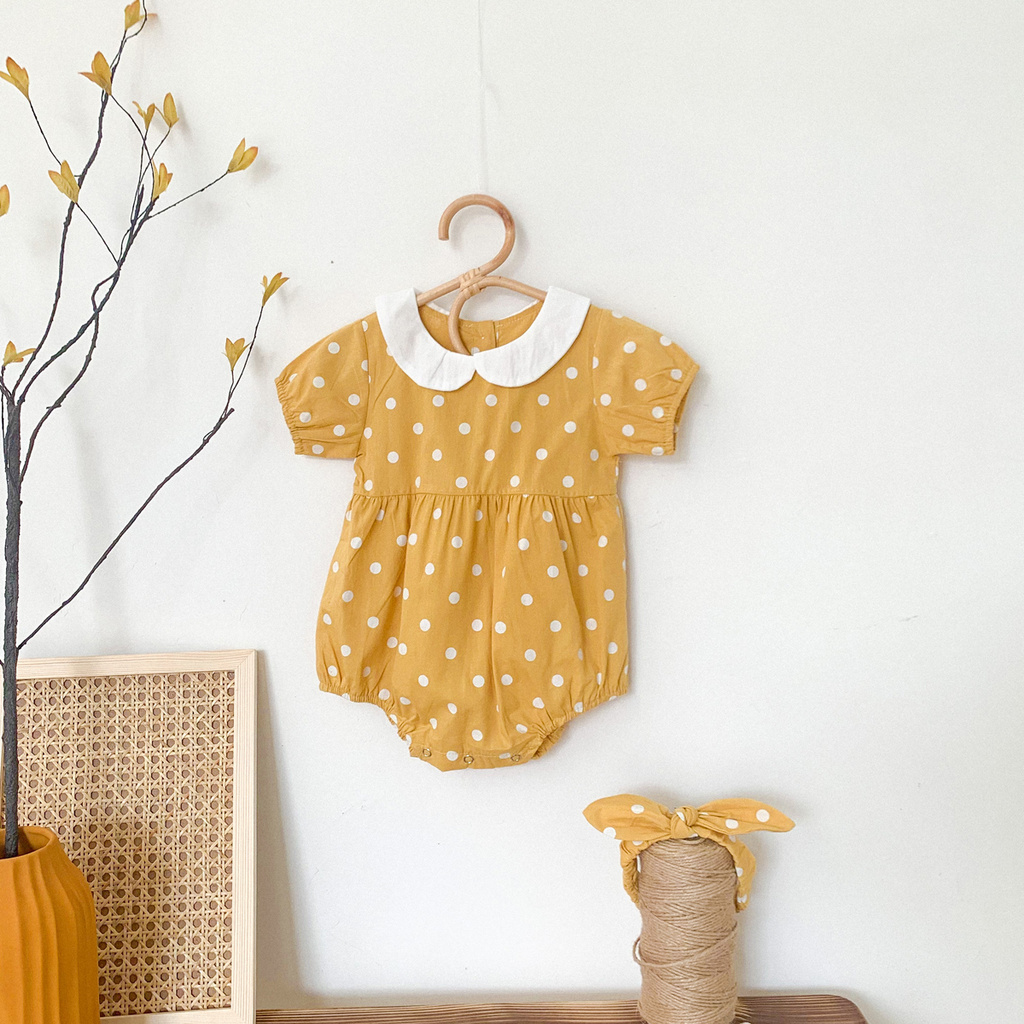 Bộ Áo Liền Quần Chấm Bi Màu Vàng Cho Bé Gái