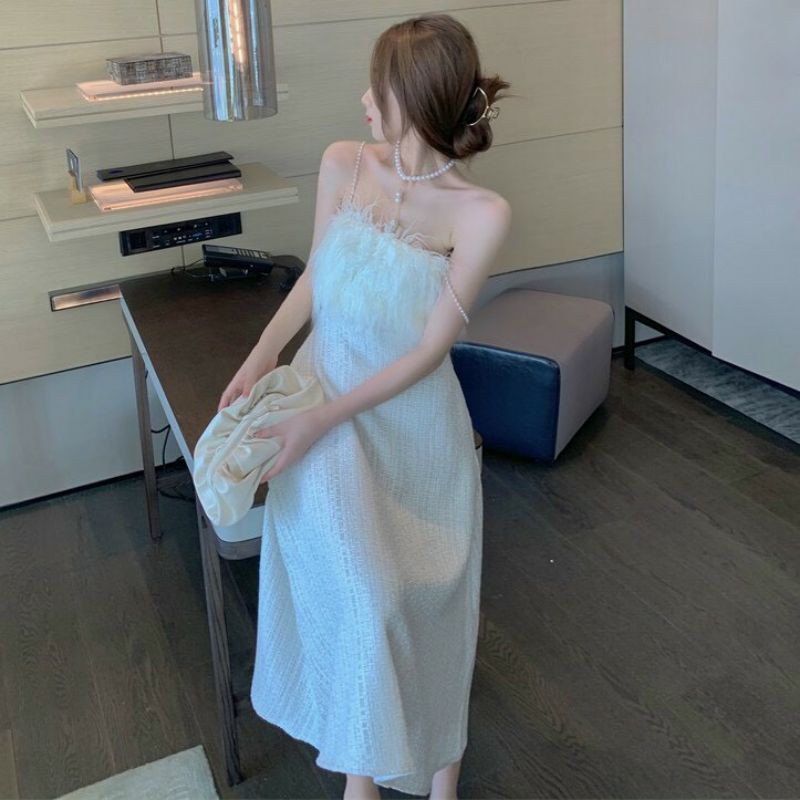 ĐẦM / VÁY NỮ HAI DÂY QUÂY TRẮNG PROM ĐI DỰ TIỆC DÁNG XUÔNG SANG CHẢNH