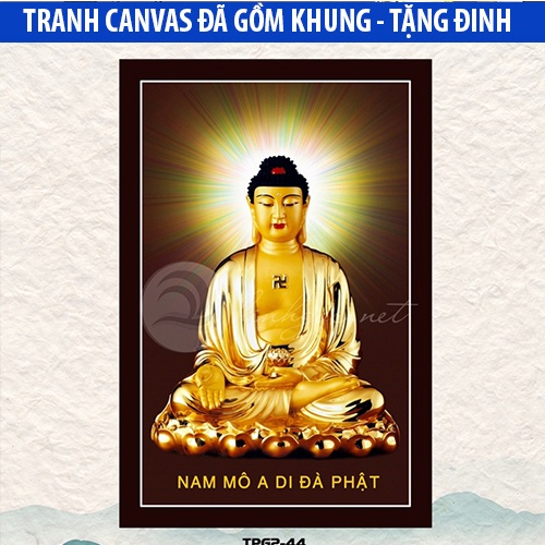 Tranh canvas Phật giáo Phật A Di Đà siêu đẹp treo phòng khách khung composite cao cấp tặng kèm đinh treo