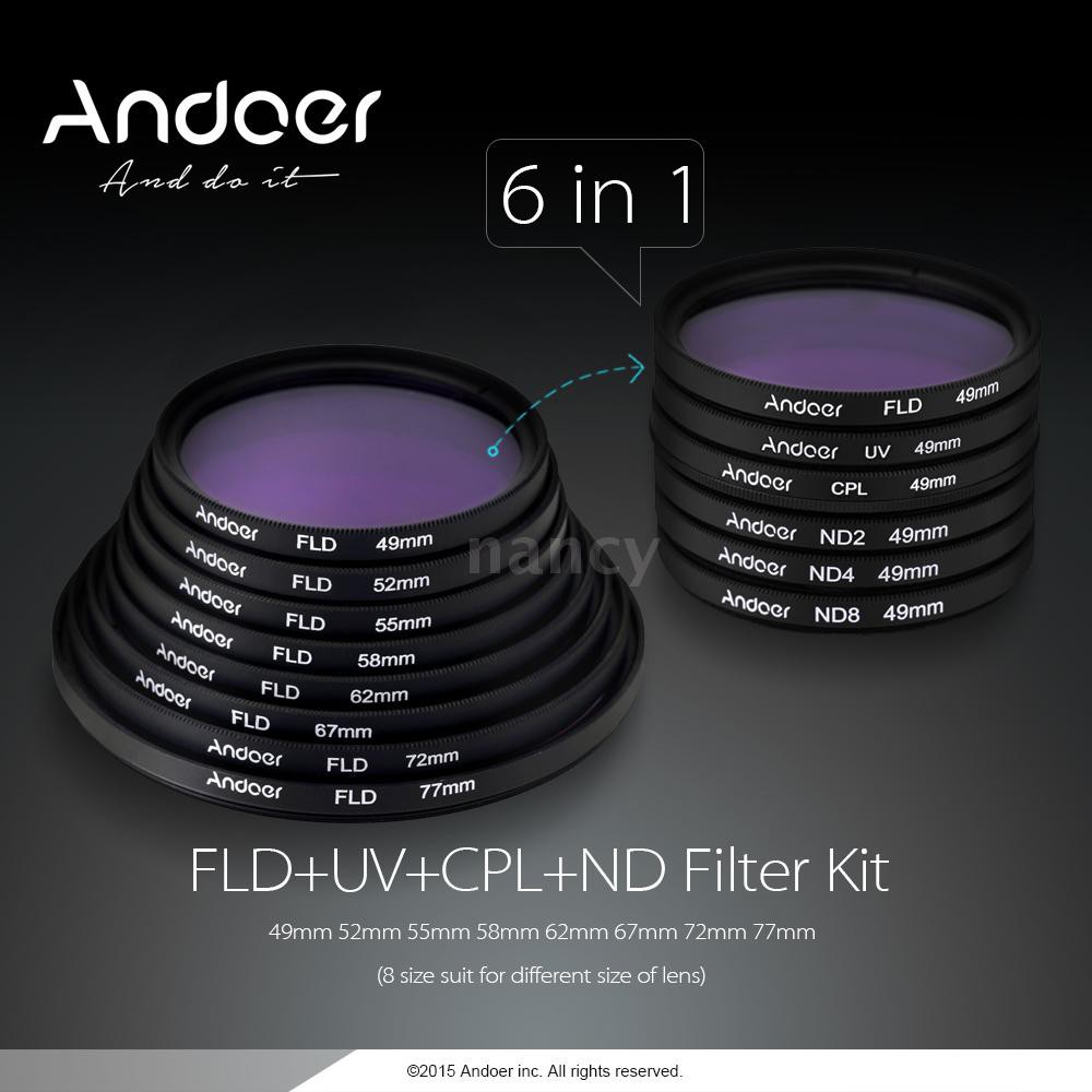 Bộ lọc nhiếp ảnh Andoer 49mm UV+CPL+FLD+ND ND2 ND4 ND8