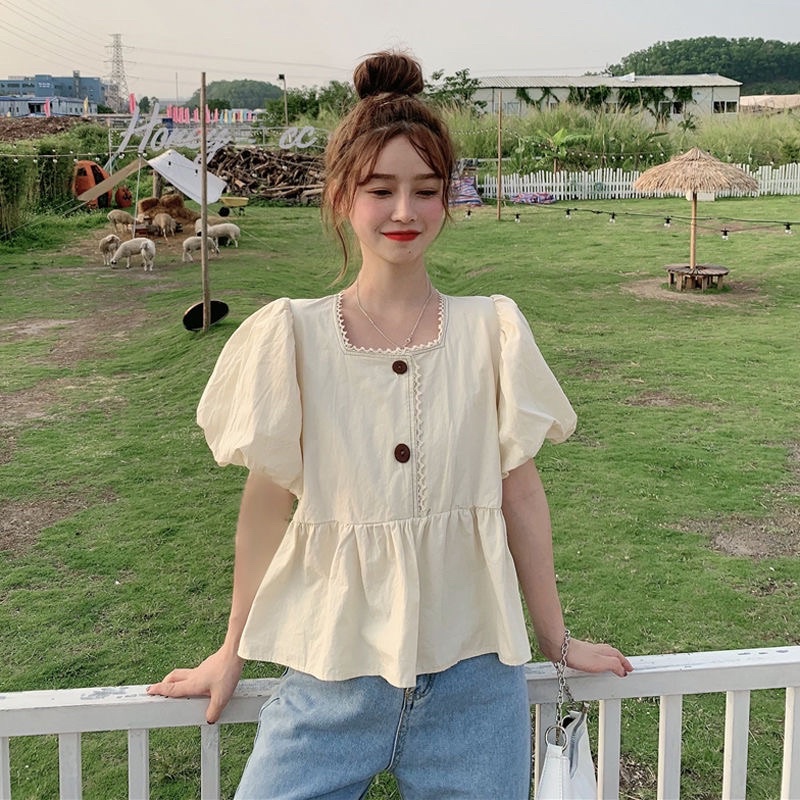 Áo Kiểu Tay Dài Cổ Vuông Phong Cách Vintage 2021 Cho Nữ