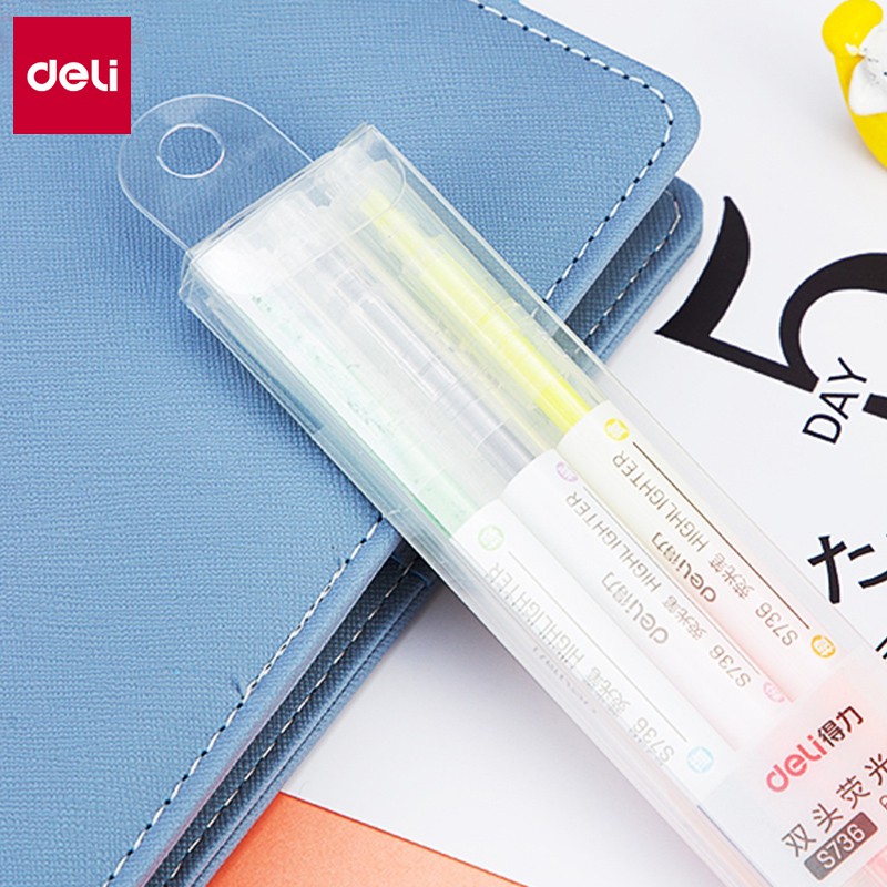 Bộ 3 bút highlight dạ quang hai dầu đánh dấu nhớ dòng cute marker 6 màu Deli ghi chú bullet journal trang trí sổ tay