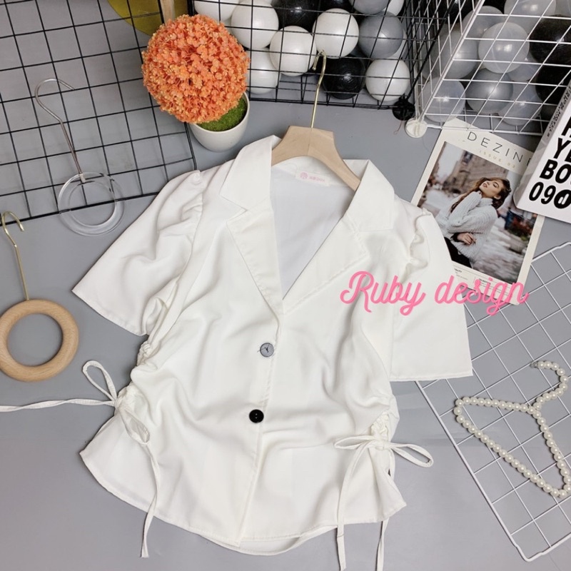 (XẢ HÀNG) Áo kiểu nữ cổ vest rút eo tay ngắn vải lụa mềm phong cách Hàn Quốc cá tính Ruby design
