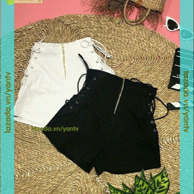 Quần short dây kéo trước dây hông trắng mt338