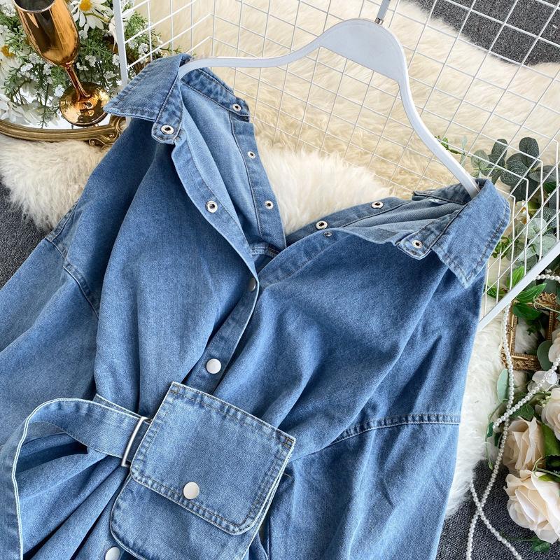 Korean Denim Shirt Female Design Niche Sense Scheming Halter Lace-up Waist Slimming Fashionable Two-wear Shirt