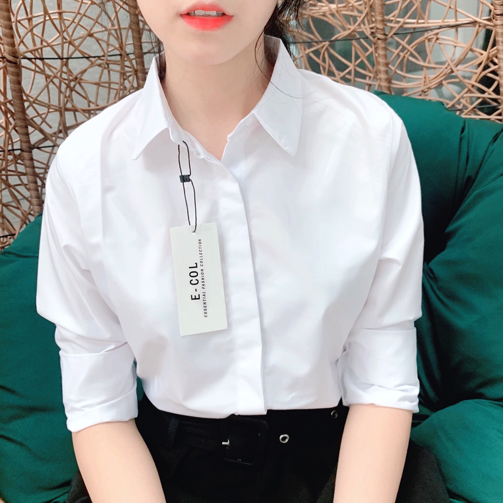 Áo Sơ Mi Nữ Trắng Công Sở, Dáng Suông , Giấu khuy áo. Chất vải dày dặn chống nhăn