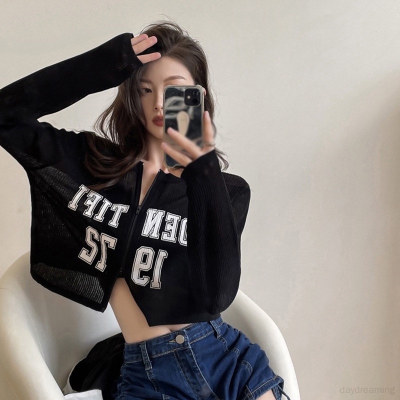 Áo Croptop Tay Dài Vải Lụa Lạnh Chống Nắng Phối Khóa Kéo Kiểu Hàn Quốc Cá Tính