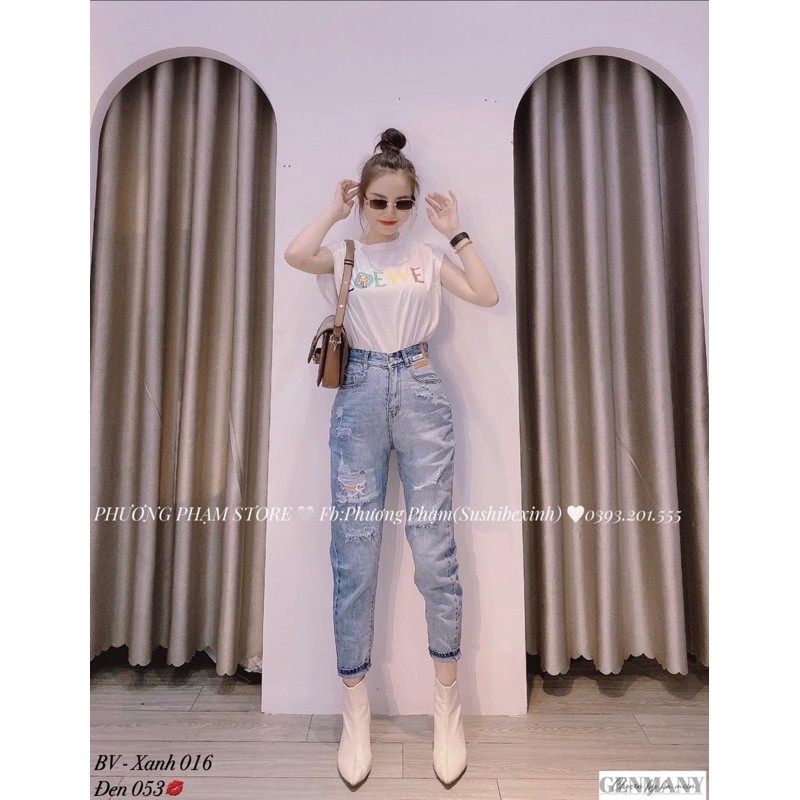 Quần bò baggy rách 2 màu xanh, đen. Size S M L