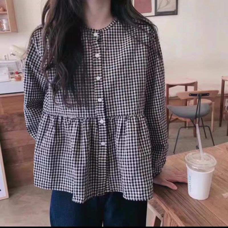 Áo babydoll kẻ caro kèm khăn quàng ulzzang hàn quốc