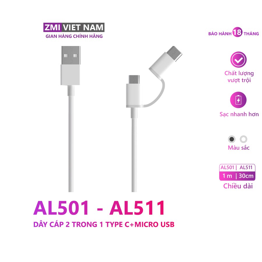 Dây Cáp 2 Trong 1 Type C và Micro USB ZMI AL501 Dài 1m | Bảo Hành 18 Tháng