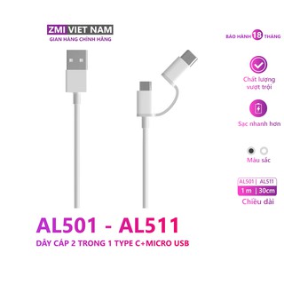 Dây cáp 2 trong 1 type c và micro usb zmi al501 dài 1m | bảo hành 18 tháng