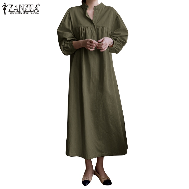 Đầm ZANZEA dáng dài rộng cổ đứng cài nút màu trơn vintage thời trang cho nữ