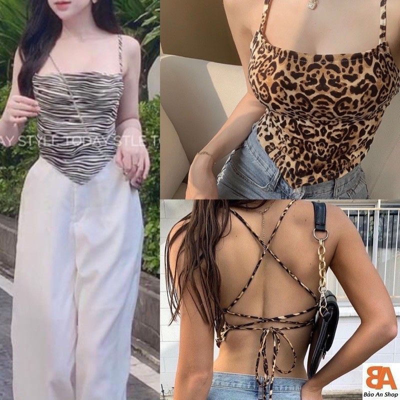 Áo kiểu yếm nữ phối đan dây lưng có mút ngực họa tiết beo + vằn