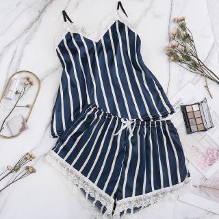 Bộ đồ ngủ ngắn vải lụa satin phối ren gợi cảm cho nữ