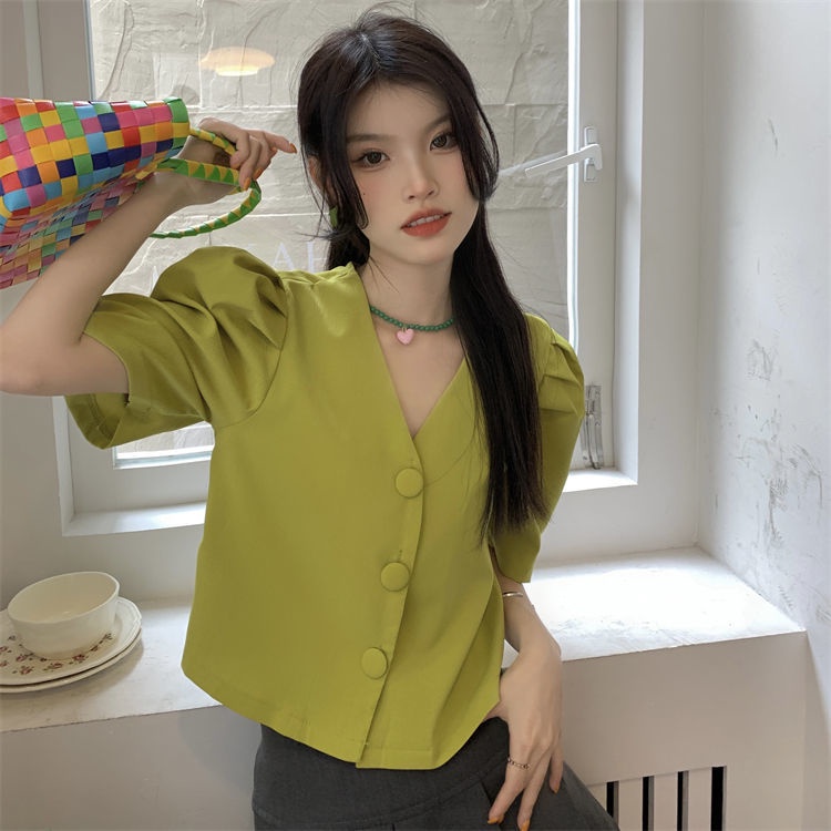 Áo Sơ Mi Tay Ngắn Cổ Chữ v Thiết Kế Ba Hàng Nút Thời Trang Mới Cho Nữ