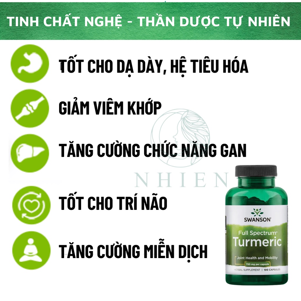 Viên uống tinh chất nghệ Turmeric 720mg Swanson giảm đau dạ dày, tăng cường sức khỏe, ngăn ngừa ung thư 100 viên