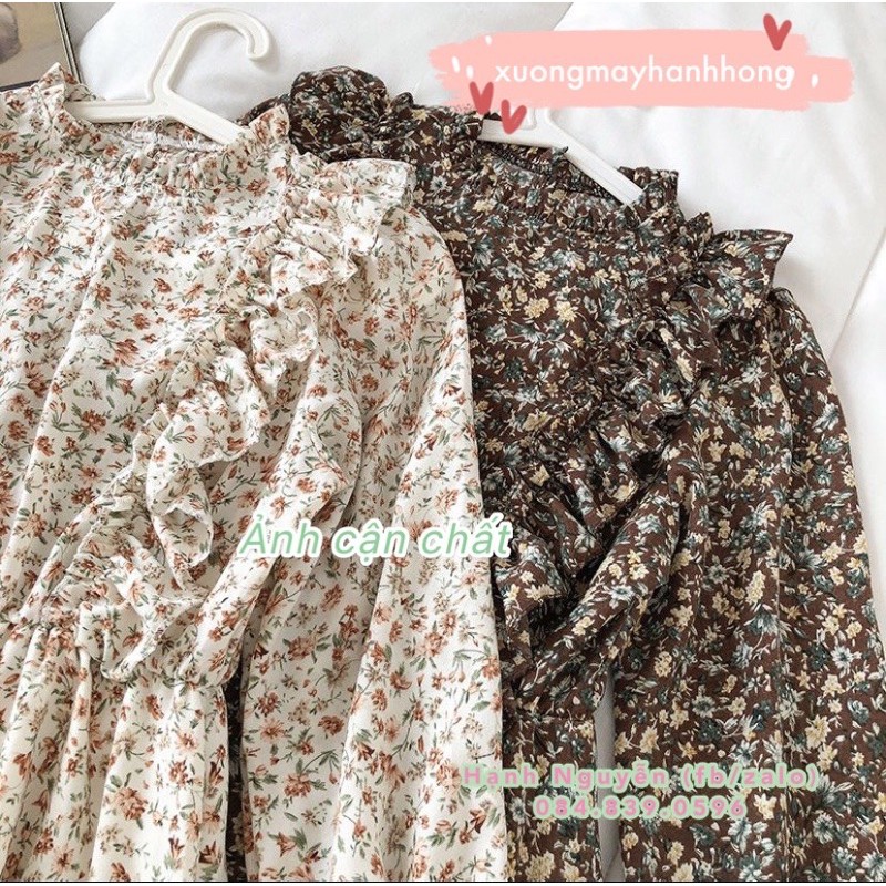 Váy hoa nhí chiffon vintage quảng châu viền bèo tiểu thư - Xưởng May Hạnh Hồng