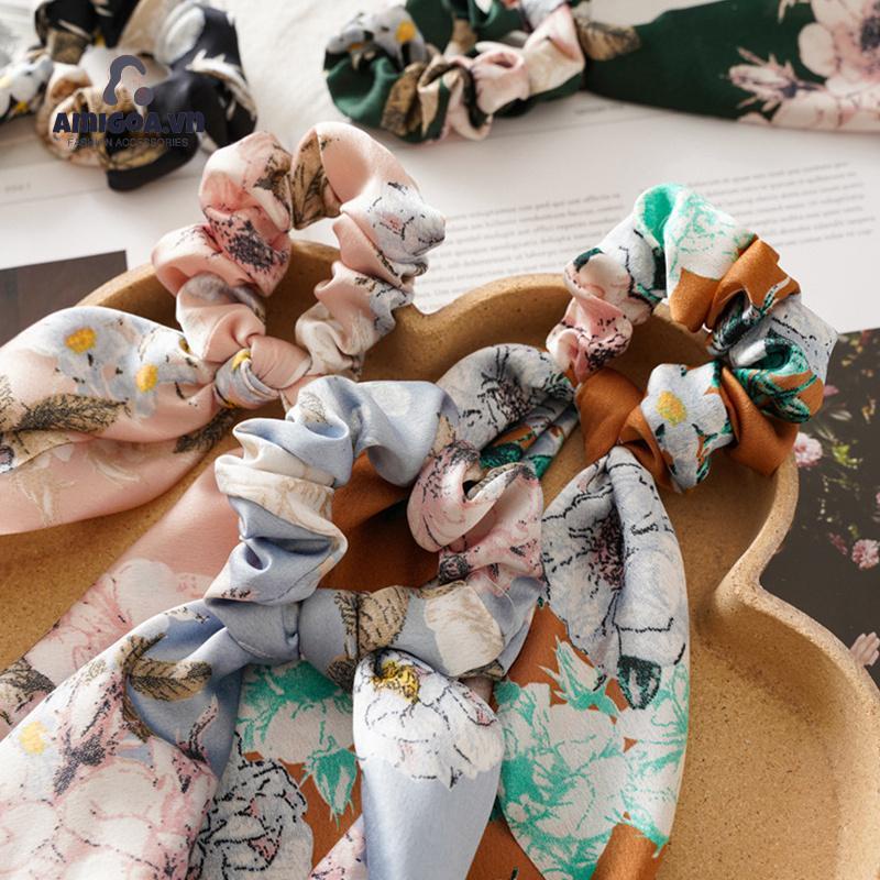 Dây Cột Tóc Cao Su Bản Lớn Thắt Nơ Tam Giác Thắt Dây In Họa Tiết Hoa Cổ Điển