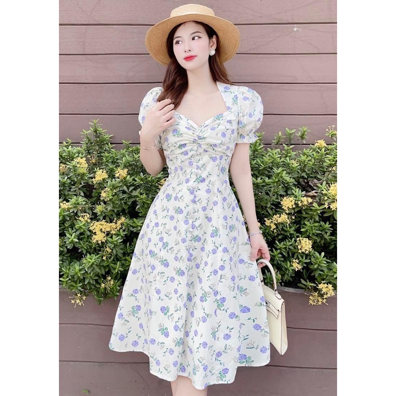 V94 | Váy thiết kế hoa nhí xanh tím cuộc tay nhún ngực siêu xinh | Tuli design