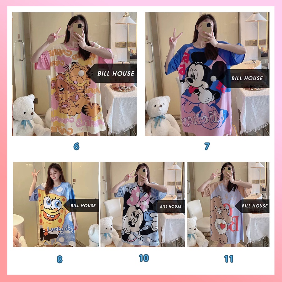 Váy ngủ nữ cộc tay dáng suông bigsize chất cotton mềm mát họa tiết nhân vật hoạt hình dễ thương VN07